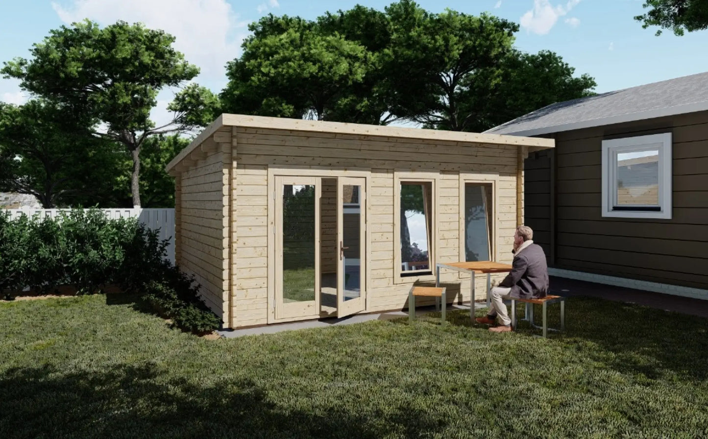 Abris de jardin en bois modèle ALGUZAS 5x4 m avec grandes fenêtres et toit plat