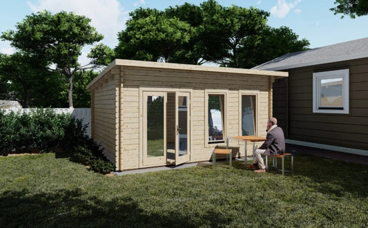 Abris de jardin en bois modèle ALGUZAS 5x4 m avec grandes fenêtres et toit plat