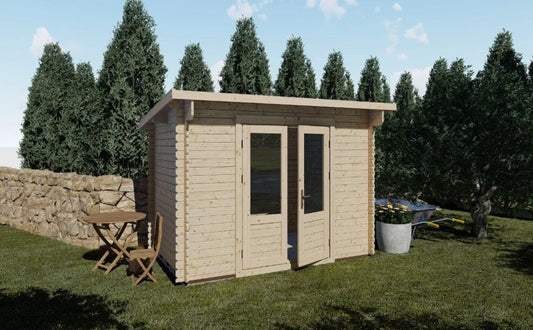 Abris de jardin en bois modèle NERVA 3x2 m avec porte vitrée, installé dans un jardin paysager avec mur en pierre