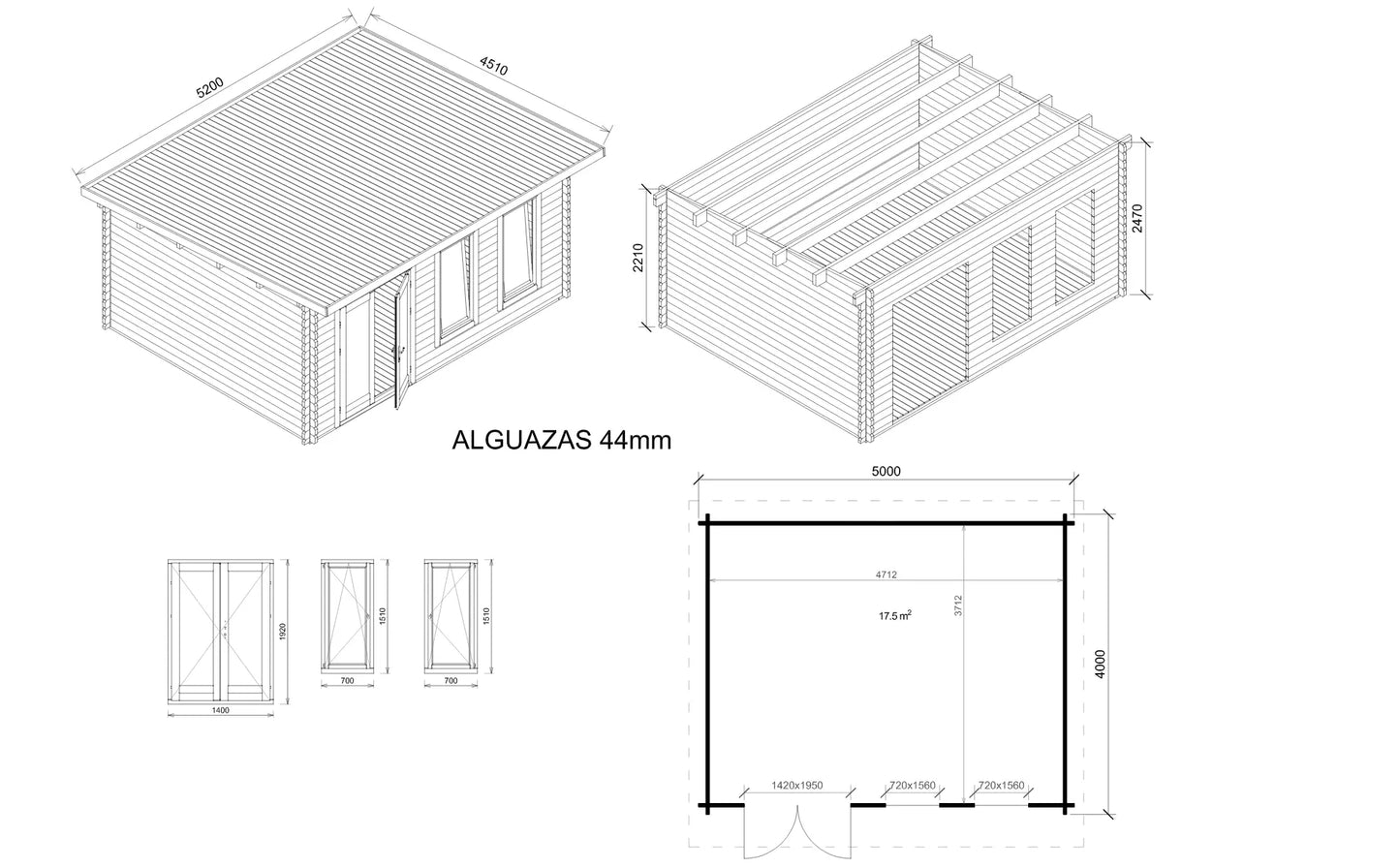 Plan technique de l’abri ALGUZAS 5x4 m avec fenêtres verticales et double porte vitrée