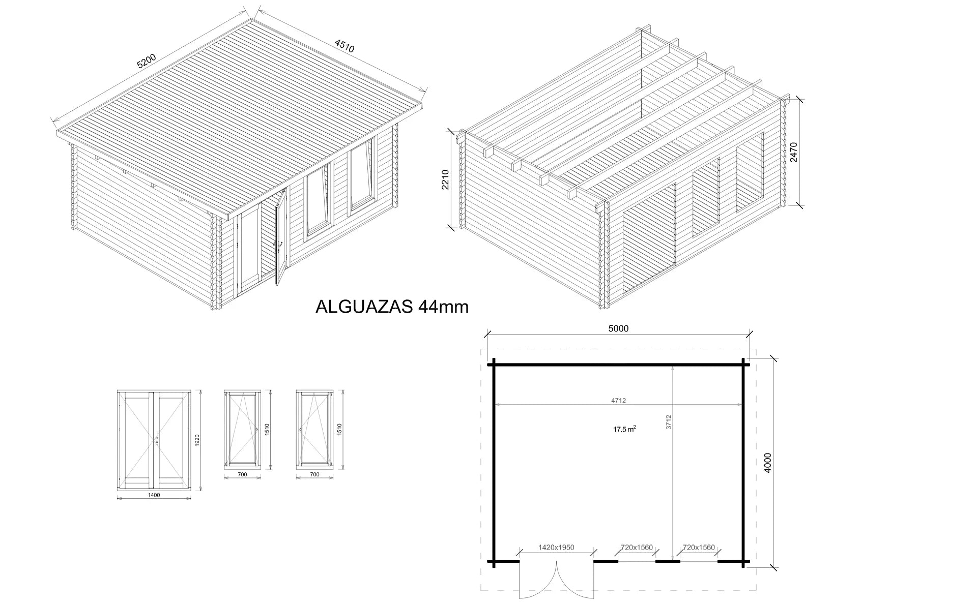 Plan technique de l’abri ALGUZAS 5x4 m avec fenêtres verticales et double porte vitrée