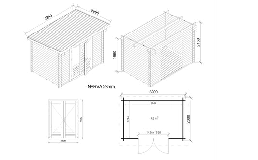 Plan technique de l’abri de jardin NERVA 3x2 m avec cotes de façade, toit et portes vitrées